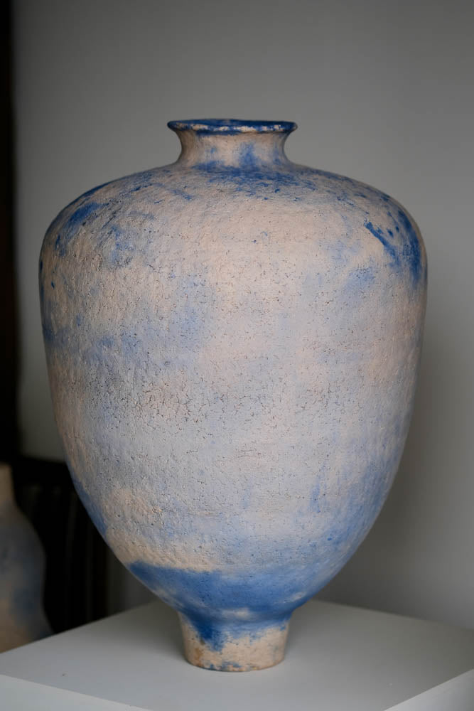 Pit-Fired Blu White Ceramic Vessel by Chen Long – Contemporary Ceramic Art | EmberArte