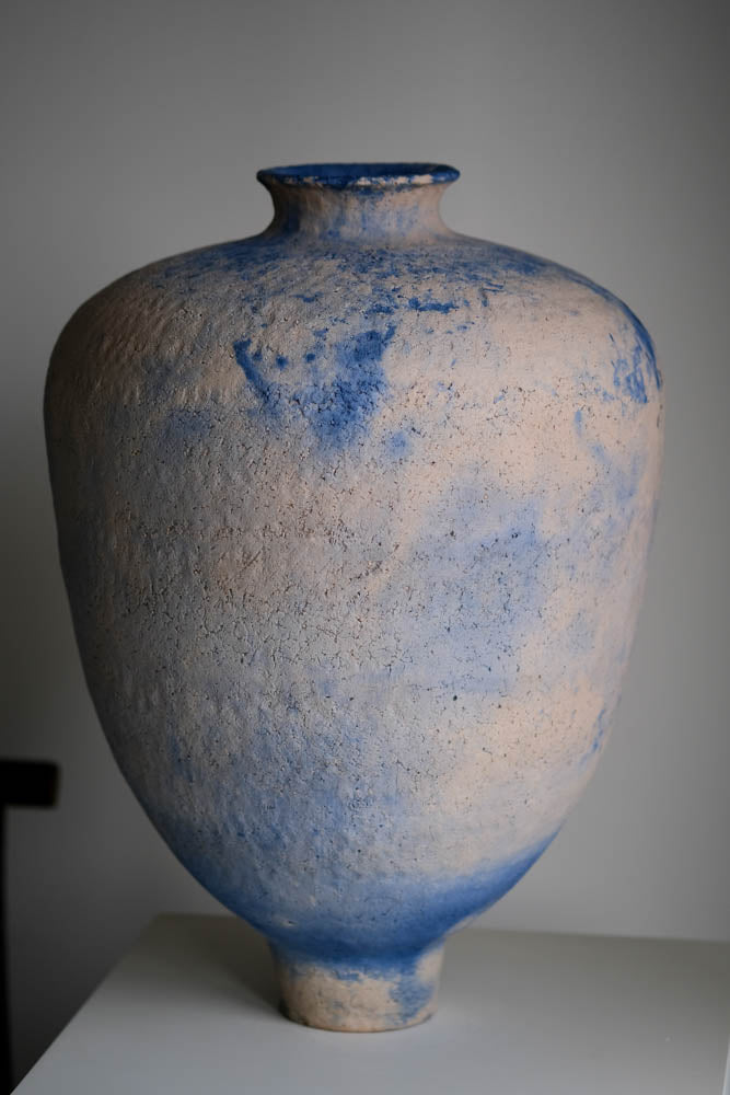 Pit-Fired Blu White Ceramic Vessel by Chen Long – Contemporary Ceramic Art | EmberArte