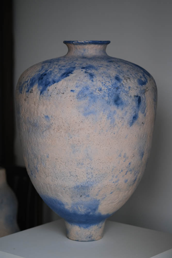 Pit-Fired Blu White Ceramic Vessel by Chen Long – Contemporary Ceramic Art | EmberArte
