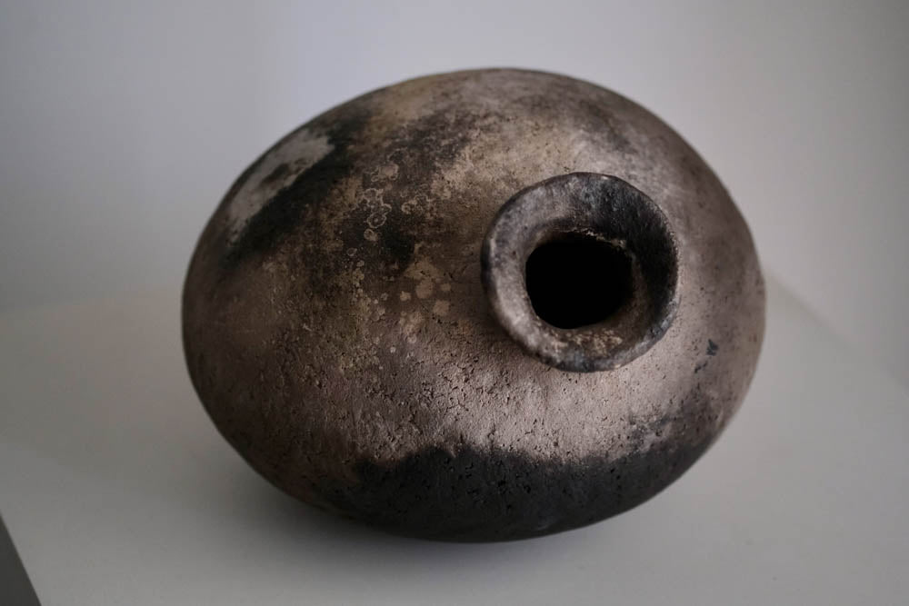 Pit-Fired Ceramic Horizontal Ovoid Vase with Eccentric Neck by Chen Long – Contemporary Ceramic Art | EmberArte