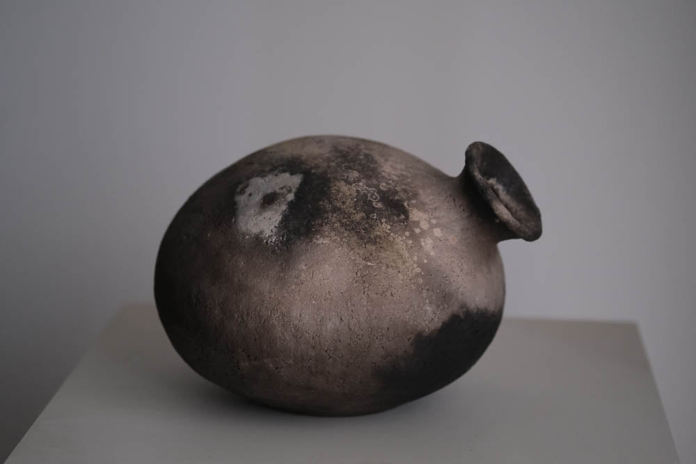 Pit-Fired Ceramic Horizontal Ovoid Vase with Eccentric Neck by Chen Long – Contemporary Ceramic Art | EmberArte