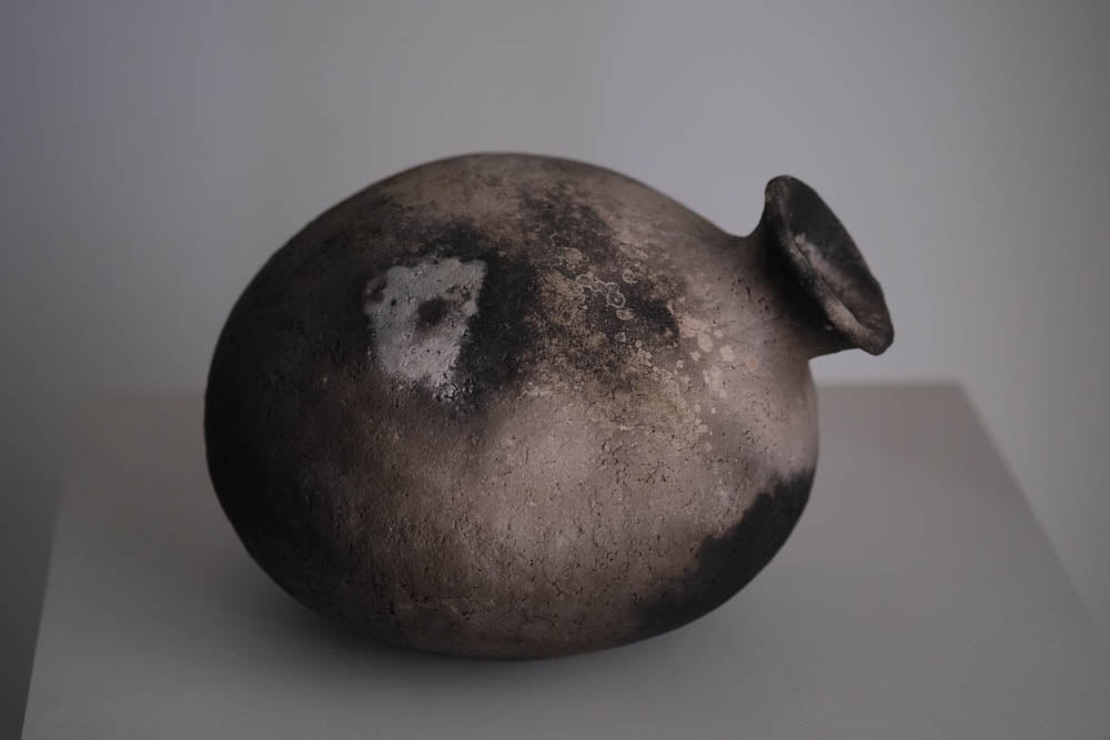 Pit-Fired Ceramic Horizontal Ovoid Vase with Eccentric Neck by Chen Long – Contemporary Ceramic Art | EmberArte