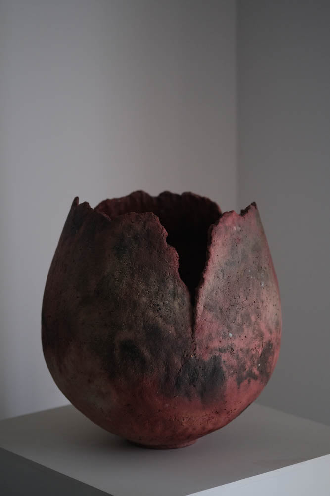 Pit-Fired Ceramic Red Ash Ruptured Globular Vase by Chen Long – Contemporary Ceramic Art | EmberArte