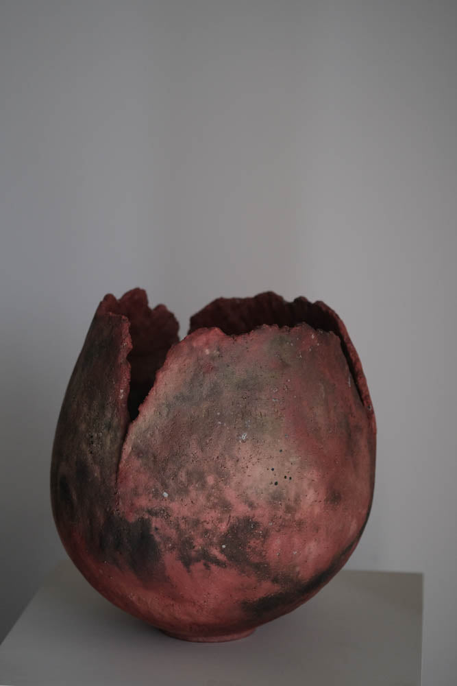 Pit-Fired Ceramic Red Ash Ruptured Globular Vase by Chen Long – Contemporary Ceramic Art | EmberArte